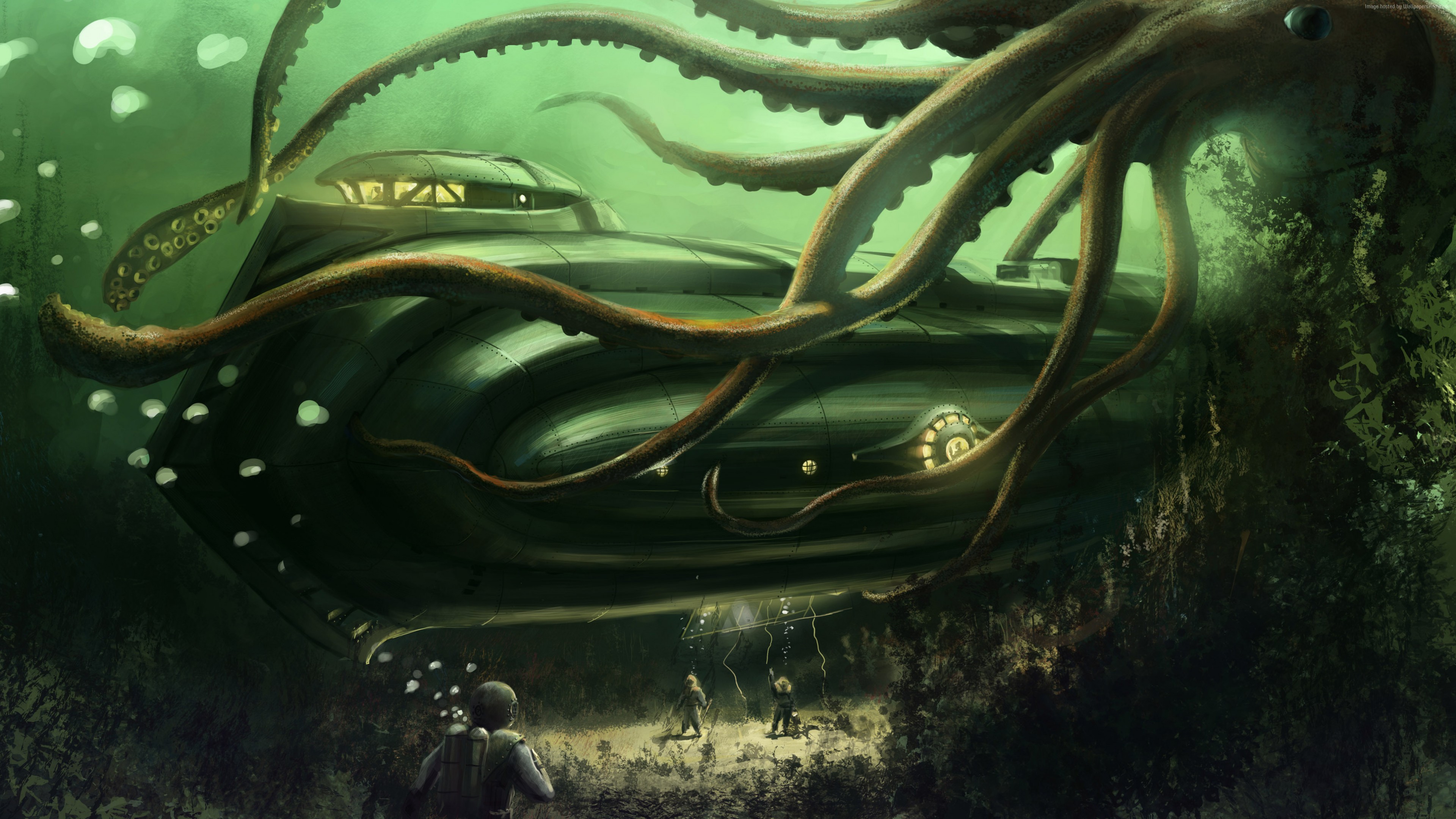 Wallpaper Octopus, Nautilus, Jules Verne, bottom, ocean, boat. Underwater, ocean, sea, water, art, green, Animals